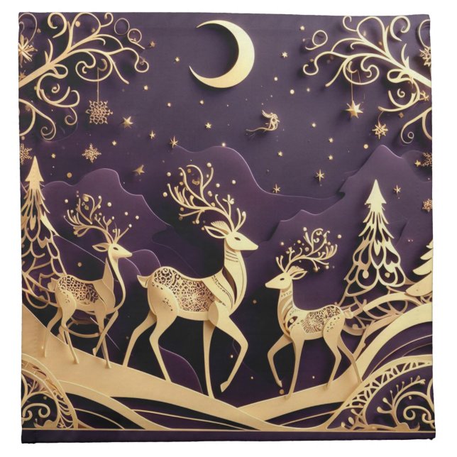 Violet Winter Whimsy – Moonlit Deer Christmas Cloth Napkin (Front)