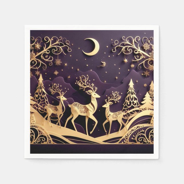 Violet Winter Whimsy – Moonlit Deer Christmas Napkins (Front)