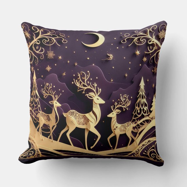 Violet Winter Whimsy – Moonlit Deer Christmas Throw Pillow (Front)