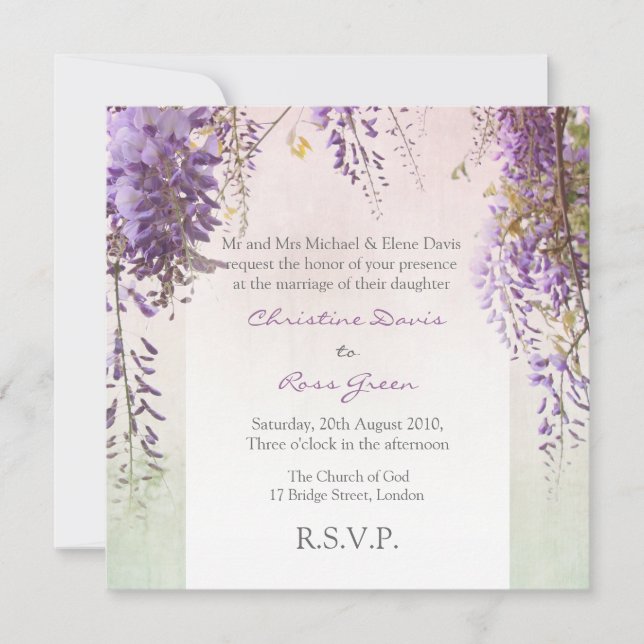 Violet wisteria personalized wedding invitation (Front)