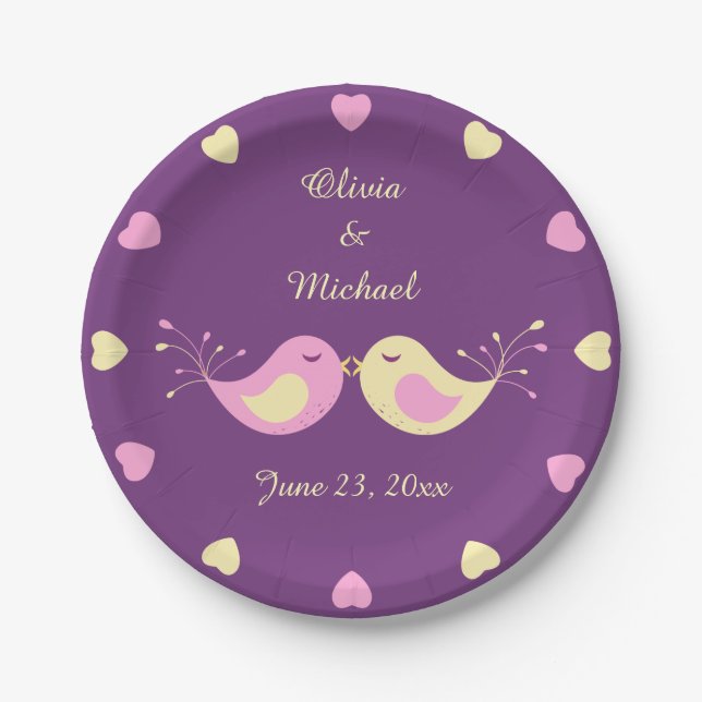 Violet Yellow Love Birds Personalized Paper Plates (Front)