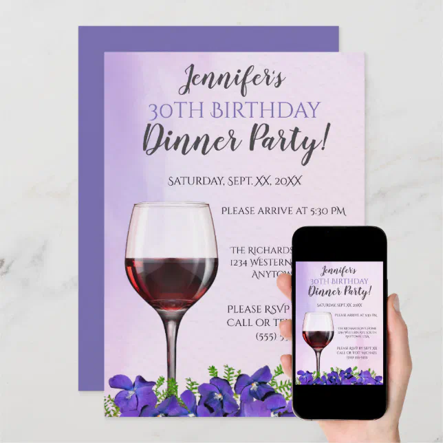 Violets and Wine Glass 30th Birthday Dinner Party Invitation Zazzle