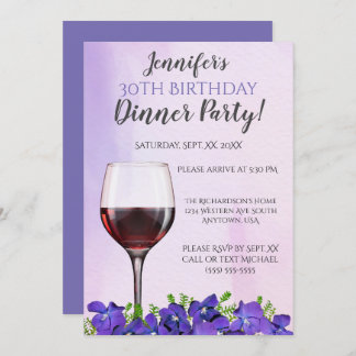 Violets and Wine Glass 30th Birthday Dinner Party Invitation