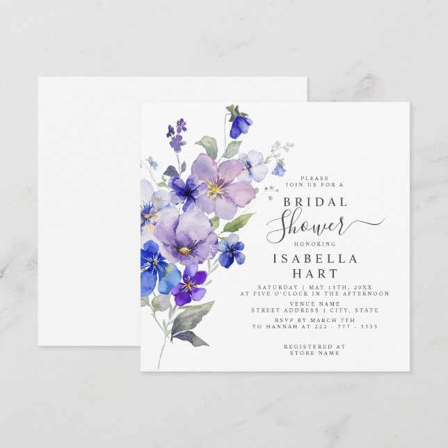 Violets Botanical Floral Purple Blue Bridal Shower Invitation (Front/Back)