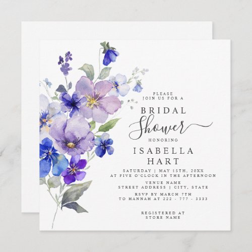 Violets Botanical Floral Purple Blue Bridal Shower Invitation