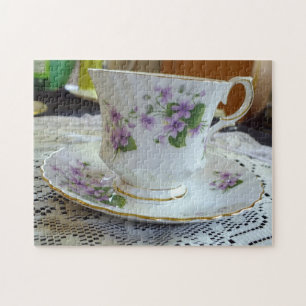 Violets English China Tea Cup and Saucer Jigsaw Puzzle