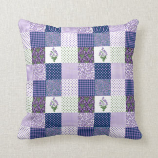 Violets Faux Patchwork with Checks and Polka Dots Throw Pillow
