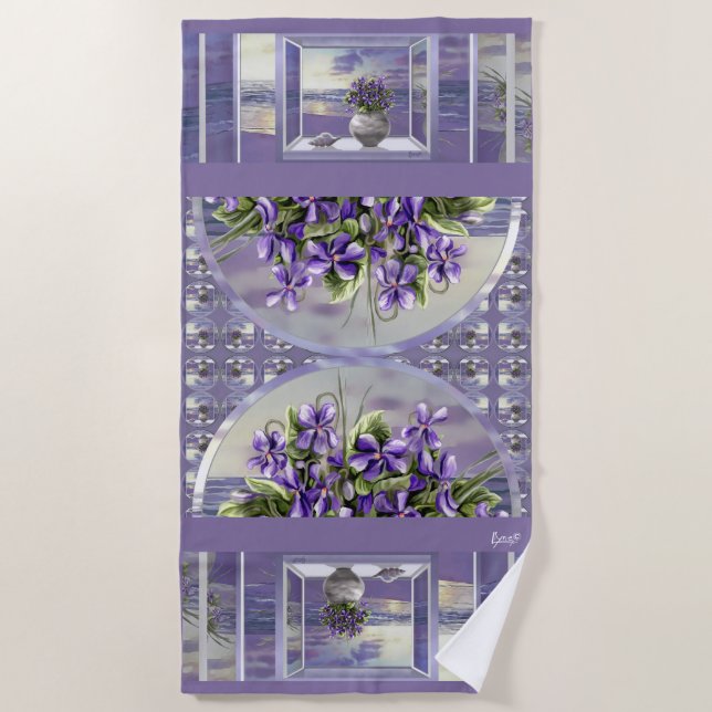 violets in a moon jar beach towel (Front)