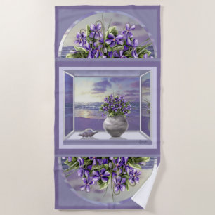 violets in a moon jar beach towel