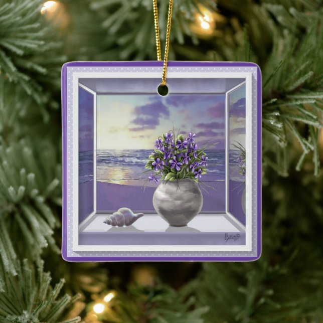 violets in a moon jar ceramic ornament (Tree)