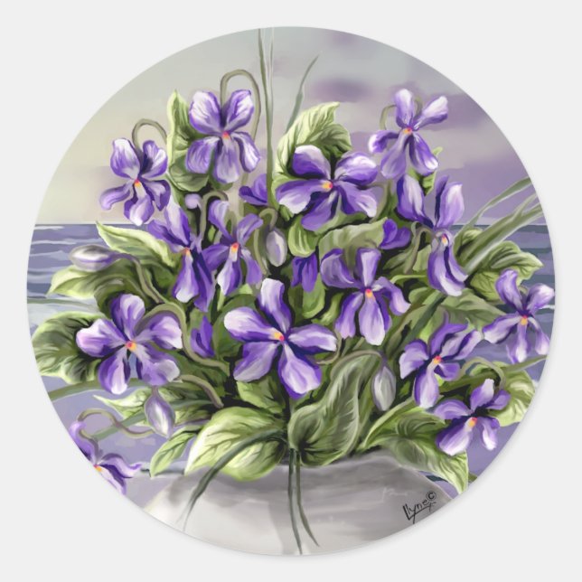 violets in a moon jar classic round sticker (Front)