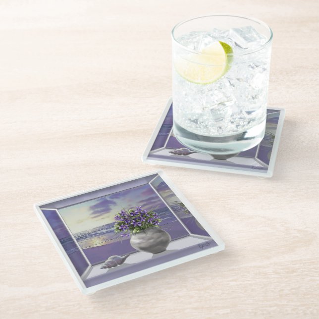 violets in a moon jar glass coaster (Angled)