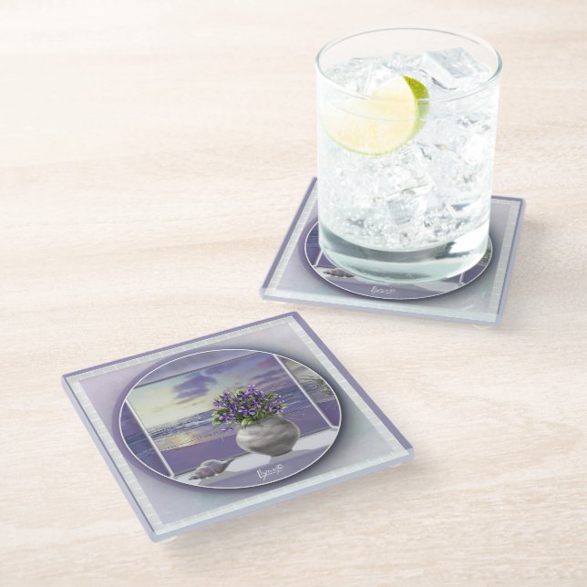 violets in a moon jar glass coaster (Angled)