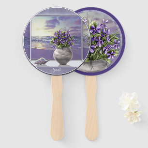 violets in a moon jar hand fan