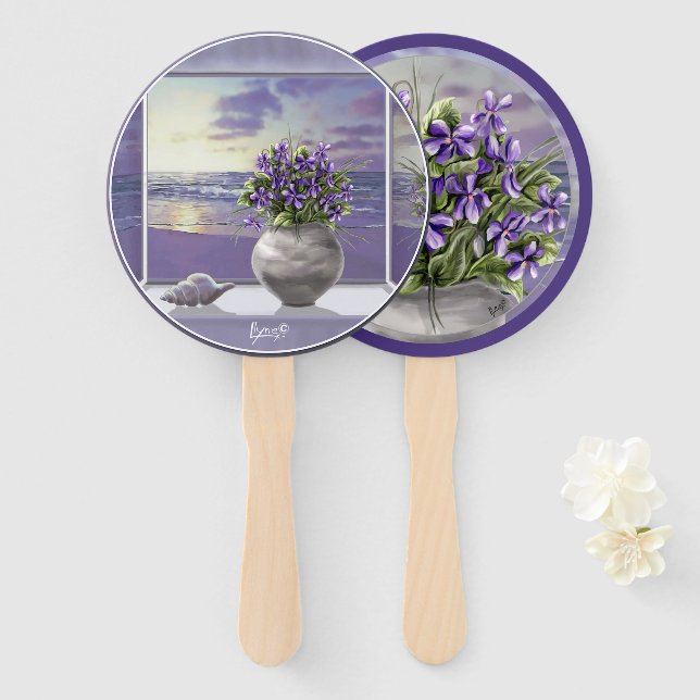 violets in a moon jar hand fan (Front and Back)