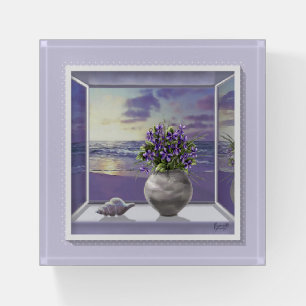 violets in a moon jar paperweight