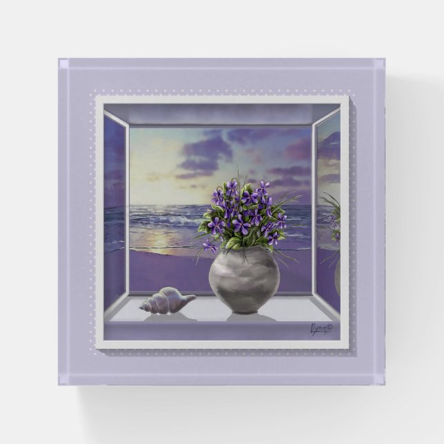 violets in a moon jar paperweight (Front)