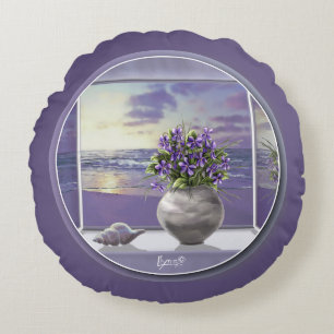 violets in a moon jar round pillow