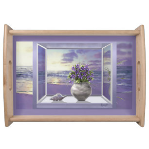 violets in a moon jar serving tray