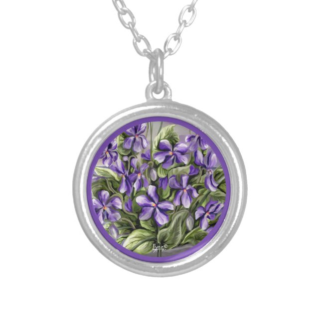 violets in a moon jar silver plated necklace (Front)