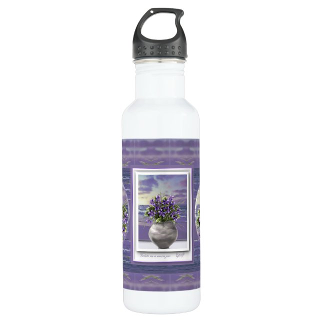 violets in a moon jar stainless steel water bottle (Front)