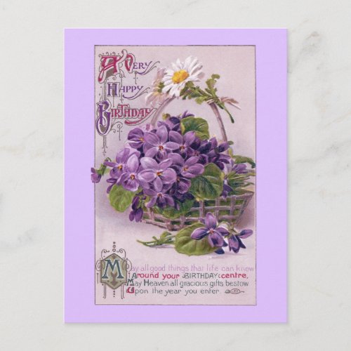 Violets in Basket Vintage Birthday Postcard