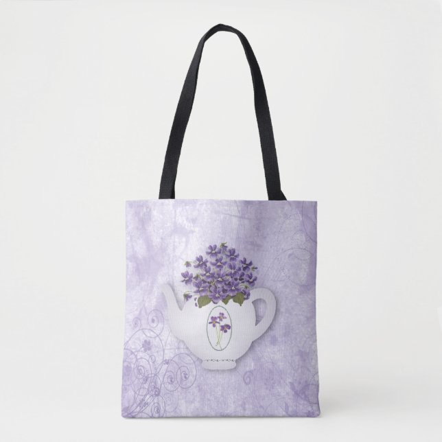 Violets In Teapot All Over Print Tote Bag (Front)