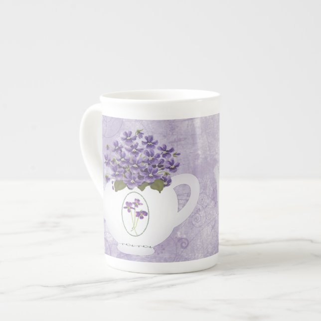 Violets In Teapot Bone China Mug (Front Left)