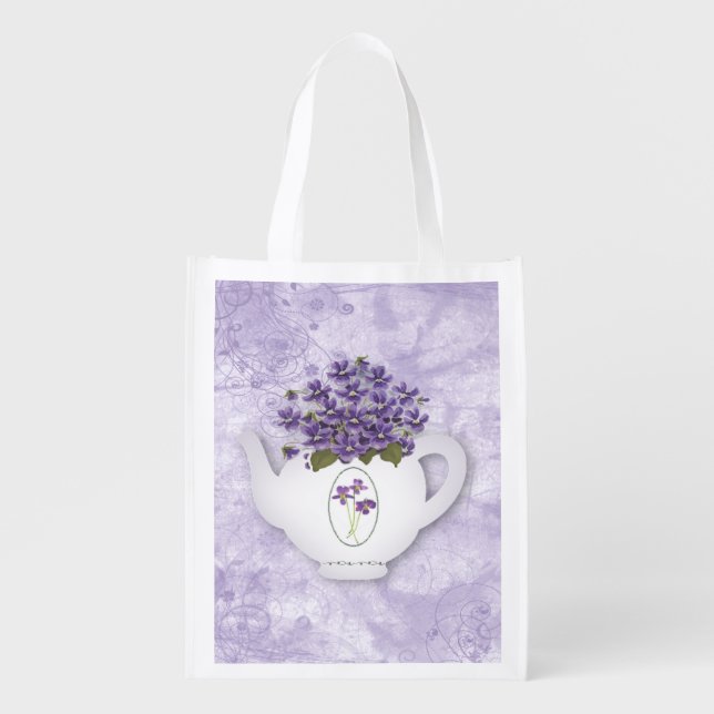 Violets In Teapot Reusable Bag (Front)