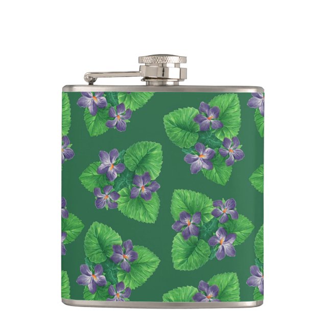 Violets on  emerald green flask (Front)