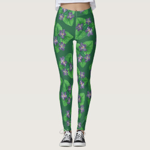 Violets on  emerald green leggings