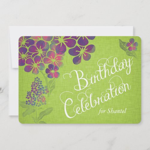 Violets on Green Linen Custom Birthday Invite