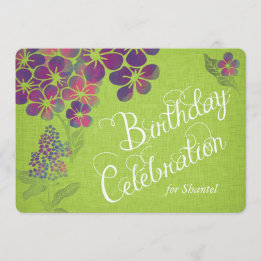 Violets on Green Linen Custom Birthday Invite