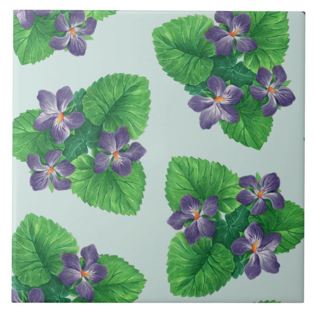 Violets on sea glass blue ceramic tile (Front)