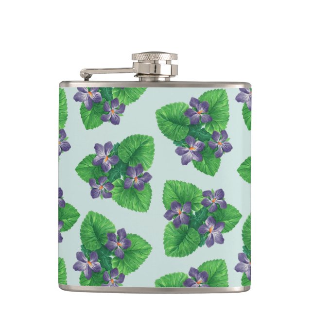 Violets on sea glass blue flask (Front)