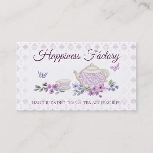 violets tea cup teapot butterflies business card