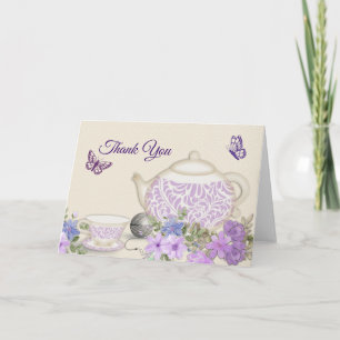 violets tea cup teapot butterflies thank you no... card
