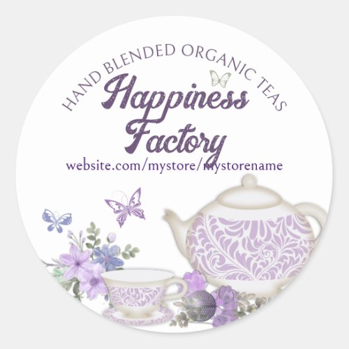 violets tea cup teapot hand blended teas tea party classic round sticker