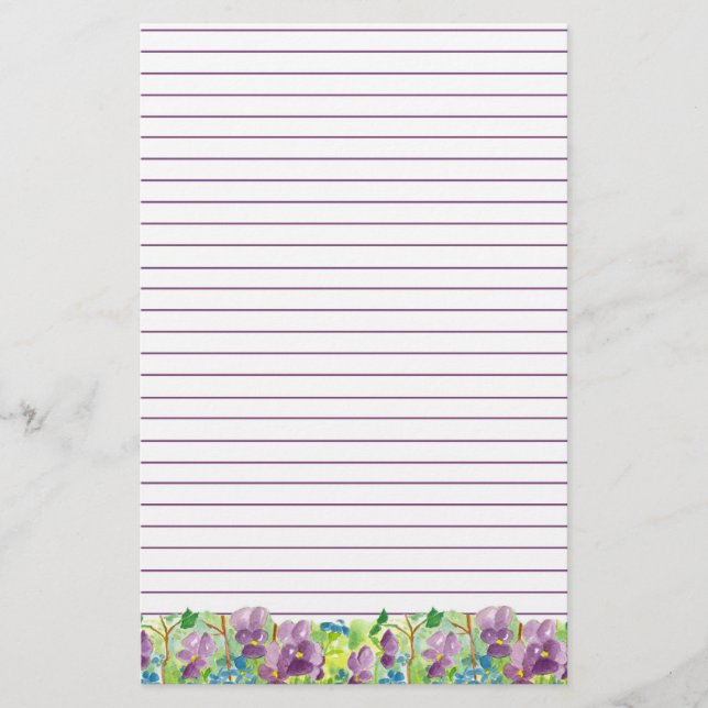 Violets Watercolor Purple Flowers Lined Stationery (Front)