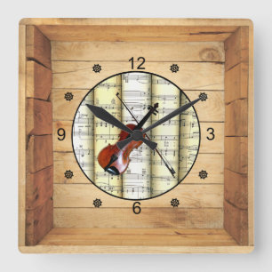 Violin ~ 3 Dimensional ~ Folk Art Box ~ Square Wall Clock
