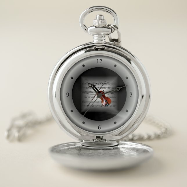Violin ~ 3D Sheet Music ~ Pillow Silver/Black Back Pocket Watch (Inside)