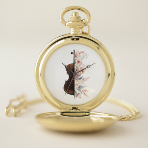 Violin among flowers. Bouquet of flowers. Pocket Watch