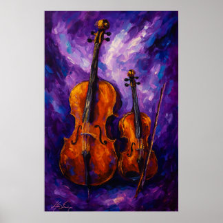 Violin and Cello Against Purple Background Poster