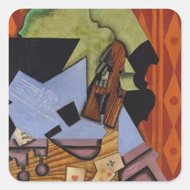 Violin and Playing Cards on a Table Square Sticker (Front)