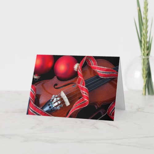 Violin and red christmas ornaments holiday card