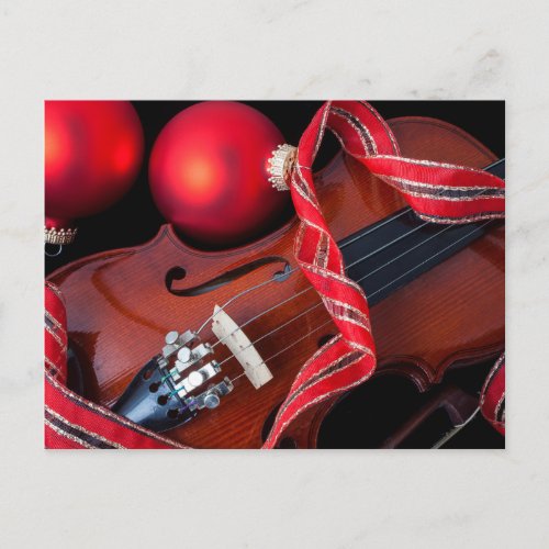 Violin and red christmas ornaments holiday postcard