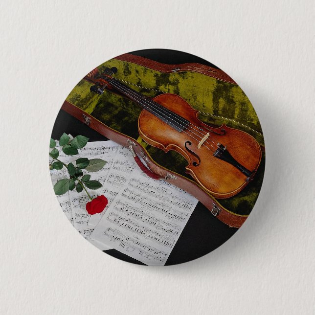 Violin and red rose on black background button (Front)