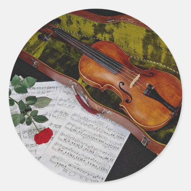 Violin and red rose on black background classic round sticker (Front)