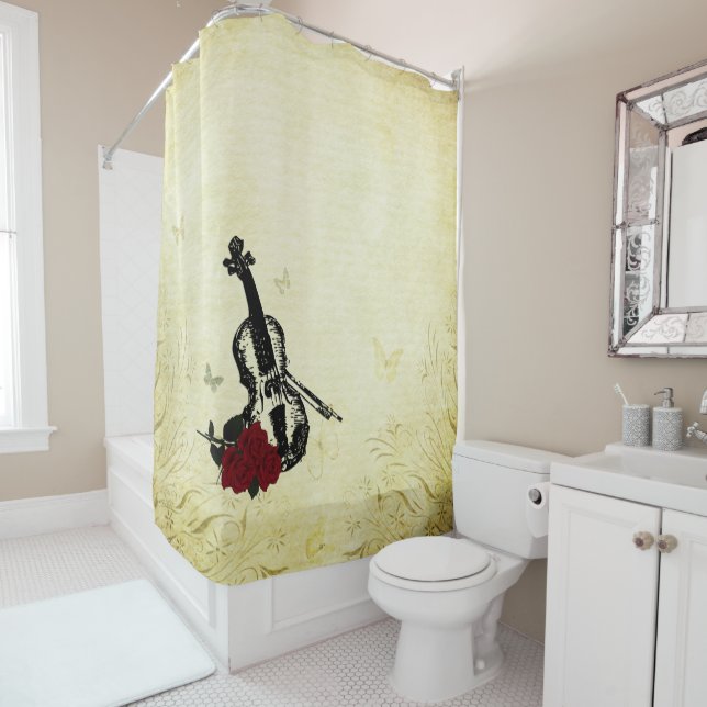 Violin and Roses Antique Shower Curtain (In Situ)