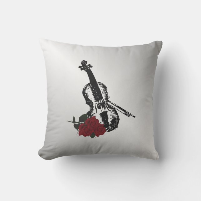 Violin and Roses Silver Outdoor Pillow (Front)
